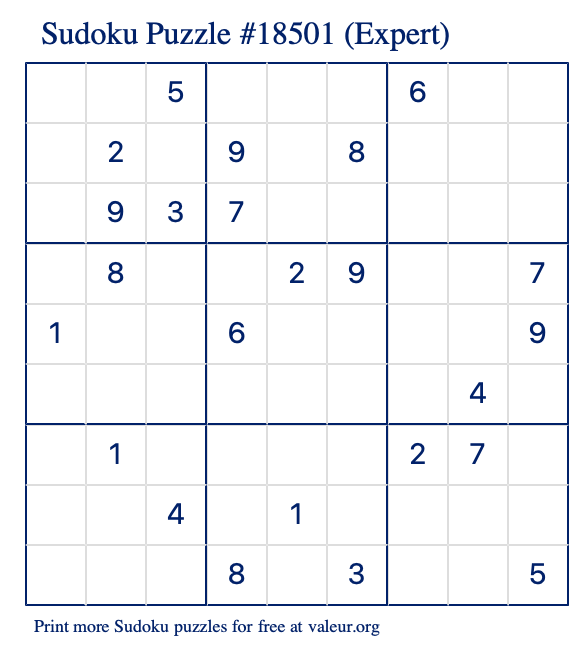 Free Printable Expert Sudoku Puzzle number 18501