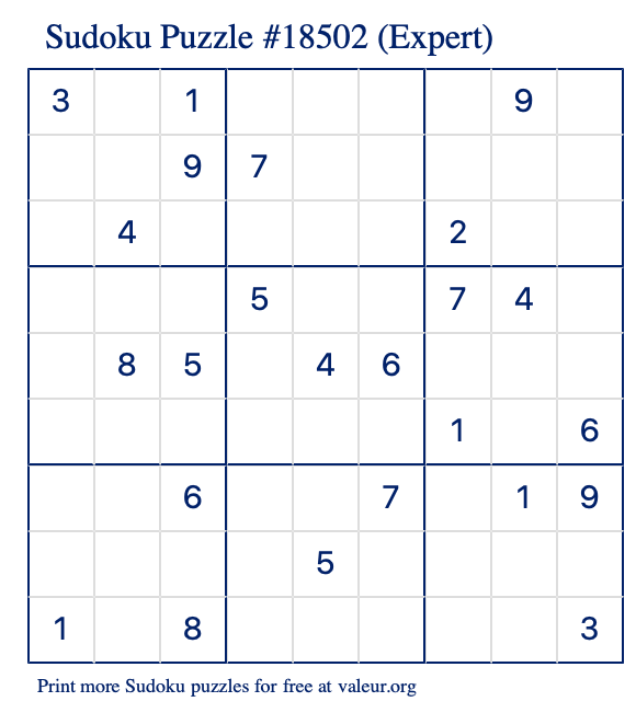 Free Printable Expert Sudoku Puzzle number 18502