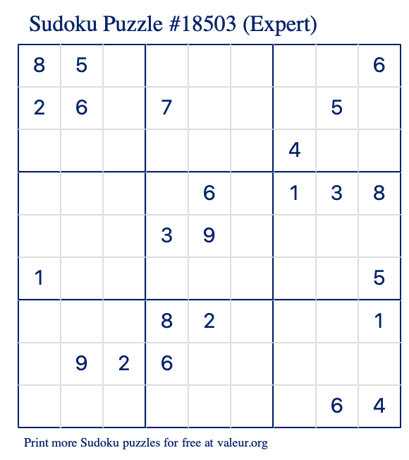 Free Printable Expert Sudoku Puzzle number 18503