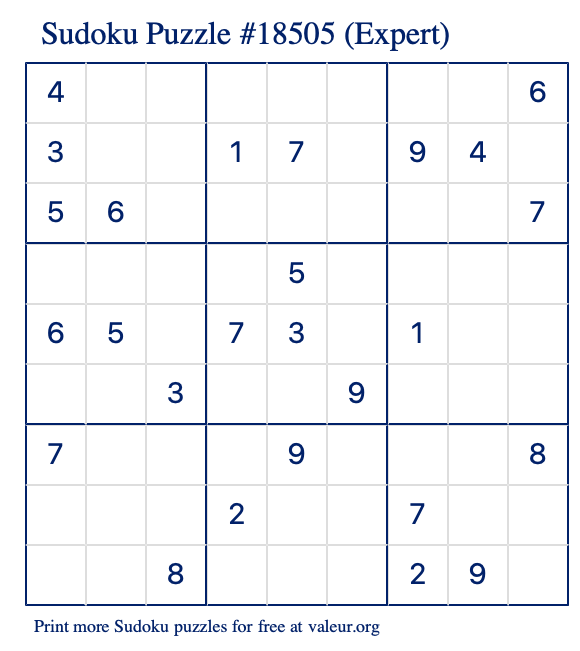 Free Printable Expert Sudoku Puzzle number 18505