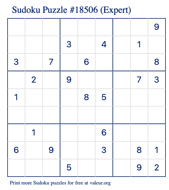 Free Printable Expert Sudoku Puzzle number 18506