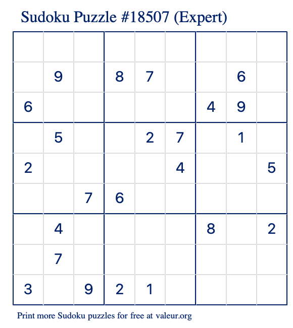 Free Printable Expert Sudoku Puzzle number 18507
