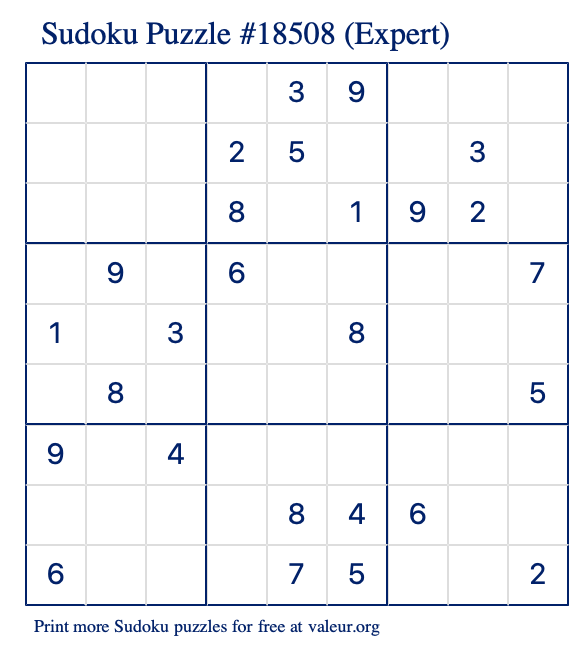 Free Printable Expert Sudoku Puzzle number 18508