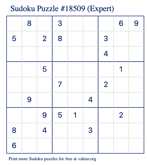 Free Printable Expert Sudoku Puzzle number 18509