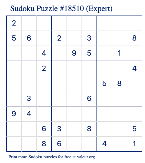 Free Printable Expert Sudoku Puzzle number 18510