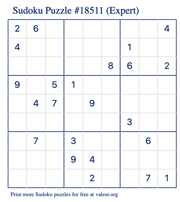 Free Printable Expert Sudoku Puzzle number 18511