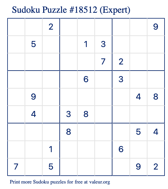 Free Printable Expert Sudoku Puzzle number 18512