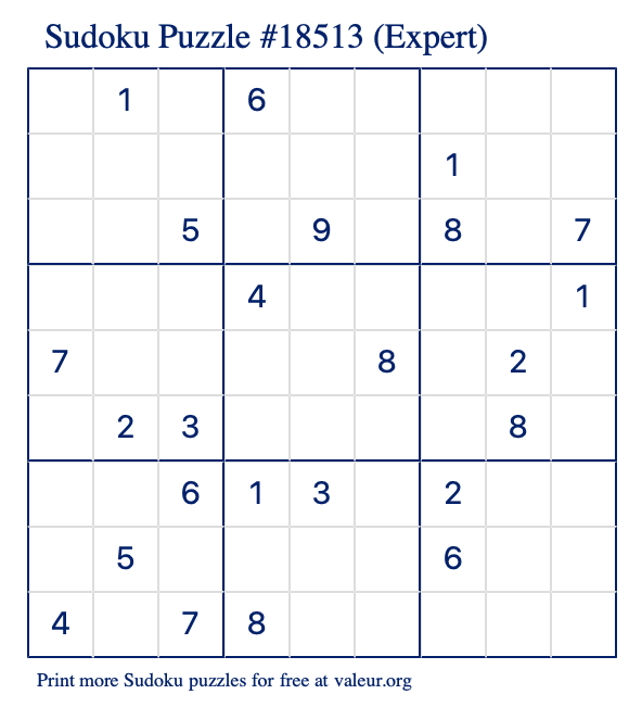 Free Printable Expert Sudoku Puzzle number 18513