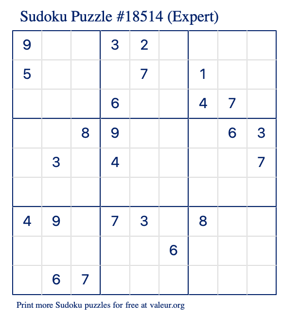 Free Printable Expert Sudoku Puzzle number 18514