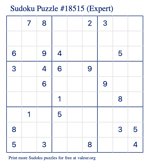 Free Printable Expert Sudoku Puzzle number 18515