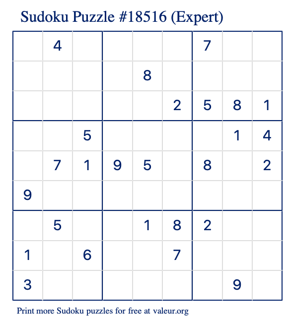 Free Printable Expert Sudoku Puzzle number 18516