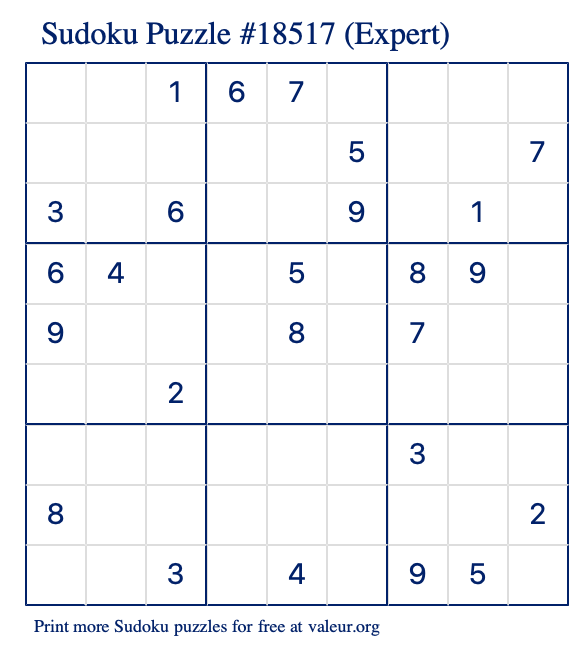 Free Printable Expert Sudoku Puzzle number 18517