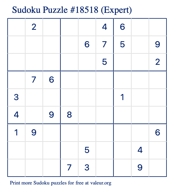 Free Printable Expert Sudoku Puzzle number 18518