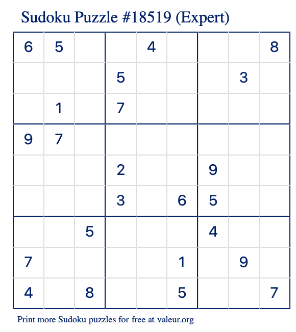 Free Printable Expert Sudoku Puzzle number 18519