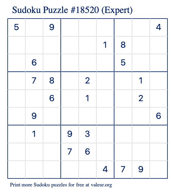 Free Printable Expert Sudoku Puzzle number 18520