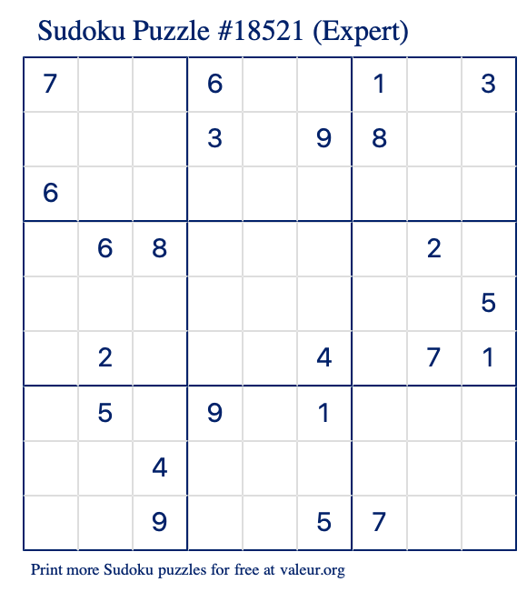 Free Printable Expert Sudoku Puzzle number 18521