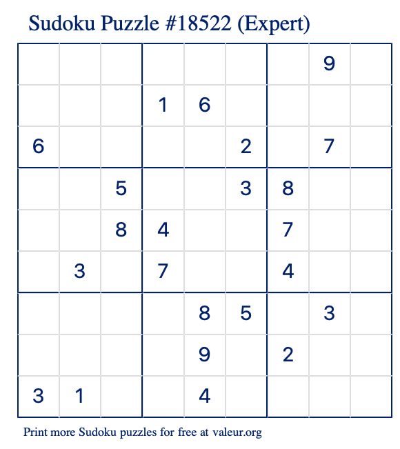 Free Printable Expert Sudoku Puzzle number 18522