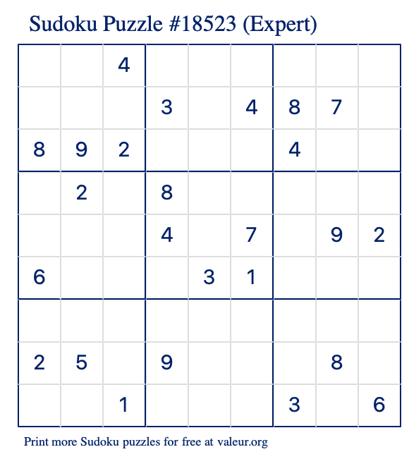 Free Printable Expert Sudoku Puzzle number 18523