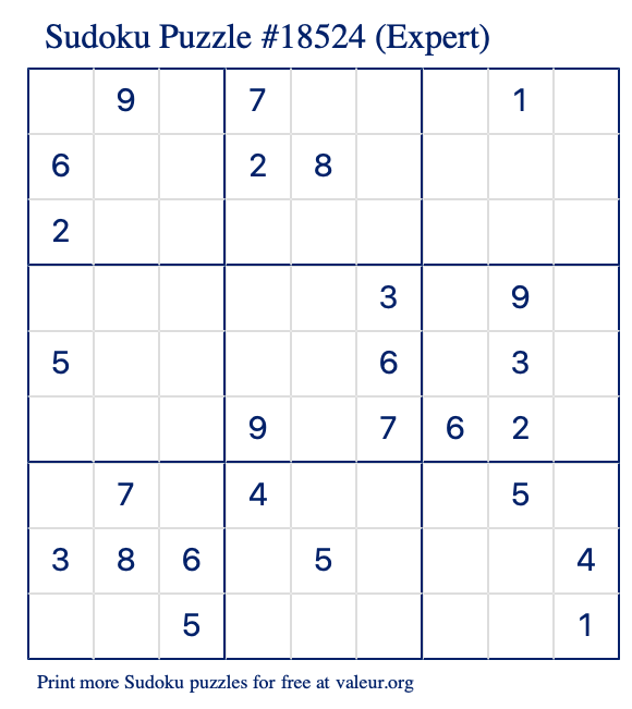 Free Printable Expert Sudoku Puzzle number 18524