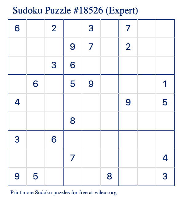 Free Printable Expert Sudoku Puzzle number 18526