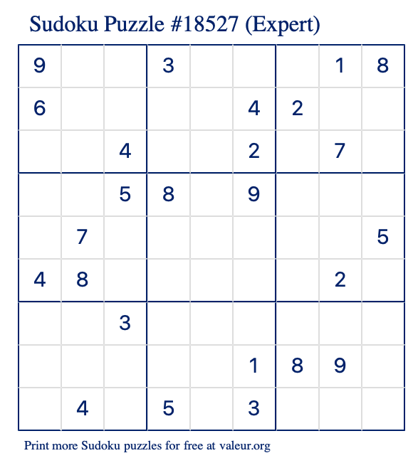 Free Printable Expert Sudoku Puzzle number 18527