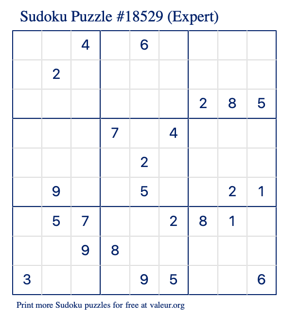 Free Printable Expert Sudoku Puzzle number 18529