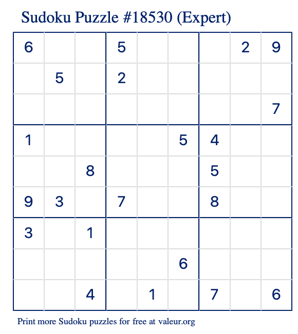 Free Printable Expert Sudoku Puzzle number 18530