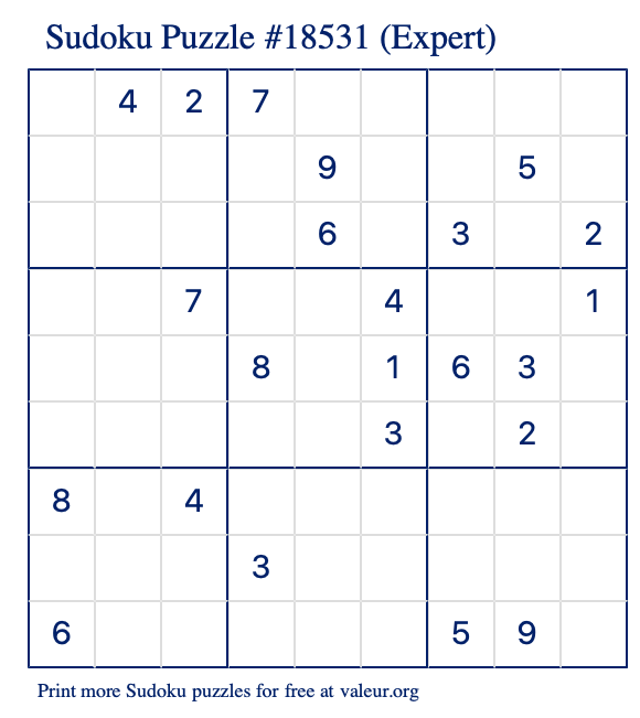 Free Printable Expert Sudoku Puzzle number 18531