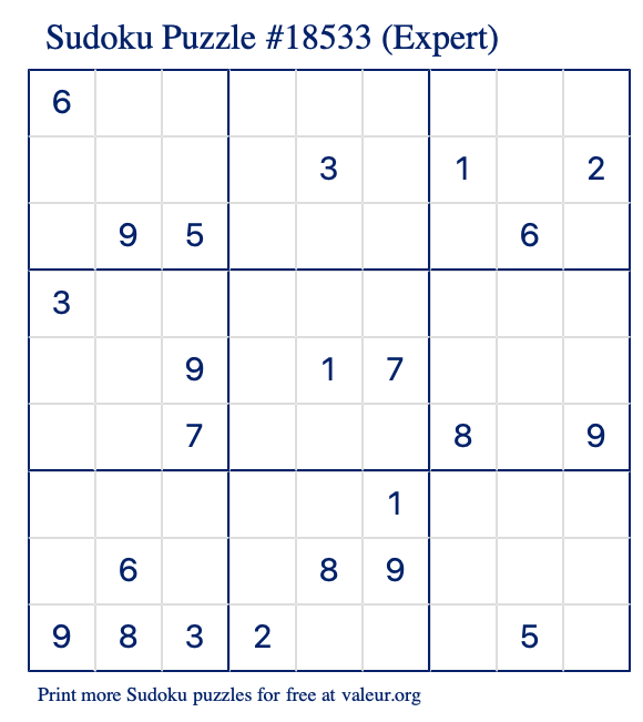 Free Printable Expert Sudoku Puzzle number 18533