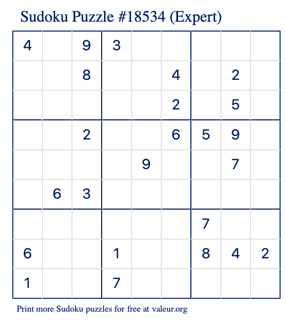 Free Printable Expert Sudoku Puzzle number 18534