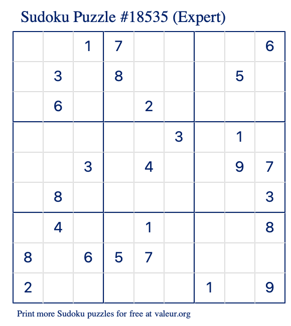 Free Printable Expert Sudoku Puzzle number 18535