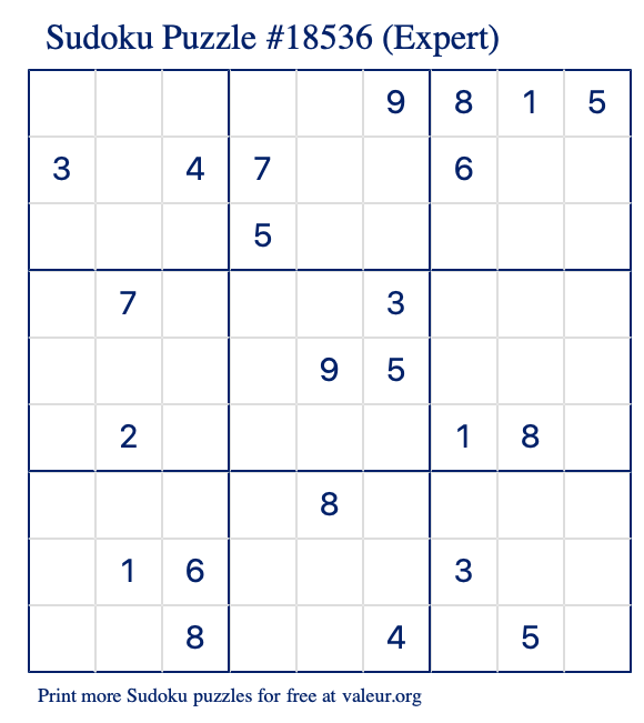 Free Printable Expert Sudoku Puzzle number 18536