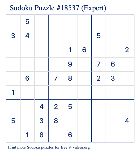 Free Printable Expert Sudoku Puzzle number 18537