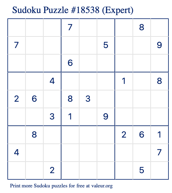 Free Printable Expert Sudoku Puzzle number 18538