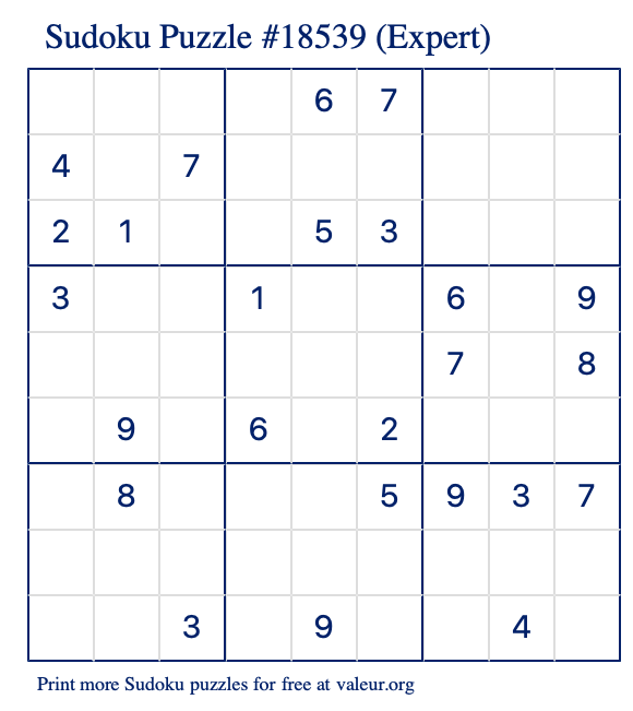 Free Printable Expert Sudoku Puzzle number 18539