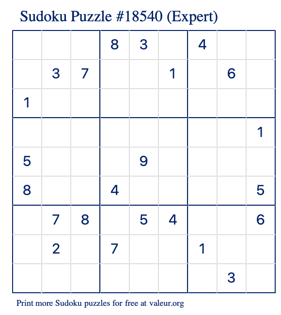 Free Printable Expert Sudoku Puzzle number 18540