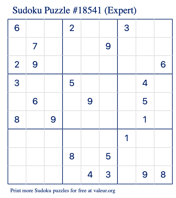 Free Printable Expert Sudoku Puzzle number 18541