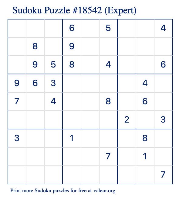 Free Printable Expert Sudoku Puzzle number 18542