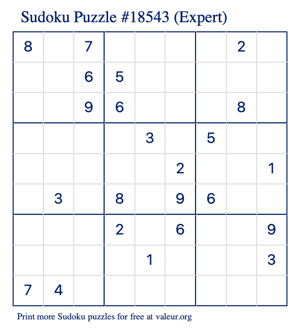 Free Printable Expert Sudoku Puzzle number 18543