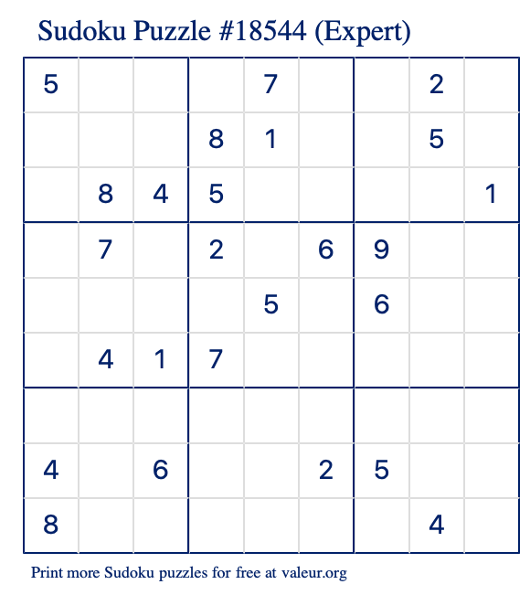 Free Printable Expert Sudoku Puzzle number 18544