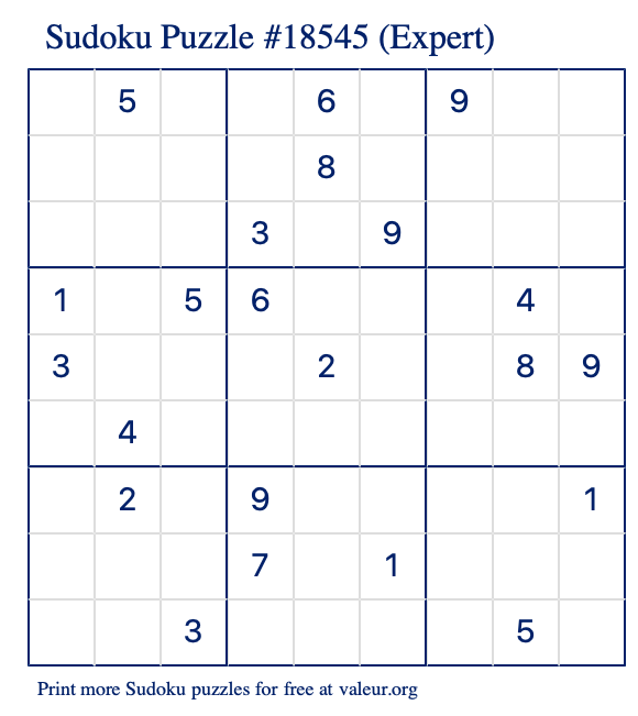 Free Printable Expert Sudoku Puzzle number 18545