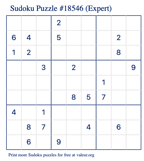 Free Printable Expert Sudoku Puzzle number 18546