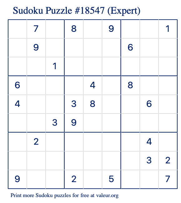 Free Printable Expert Sudoku Puzzle number 18547