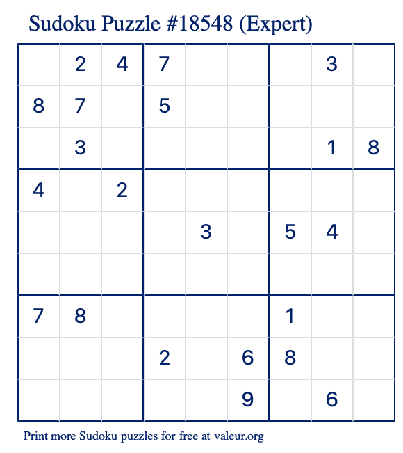 Free Printable Expert Sudoku Puzzle number 18548