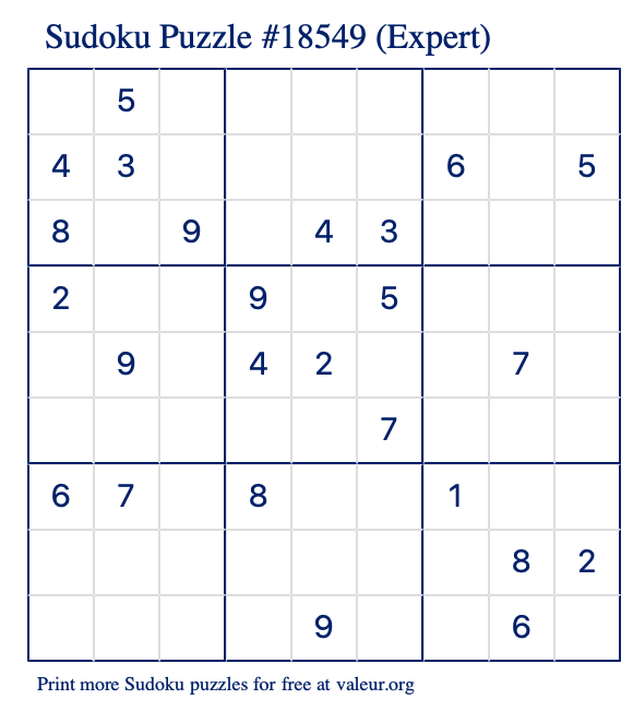 Free Printable Expert Sudoku Puzzle number 18549