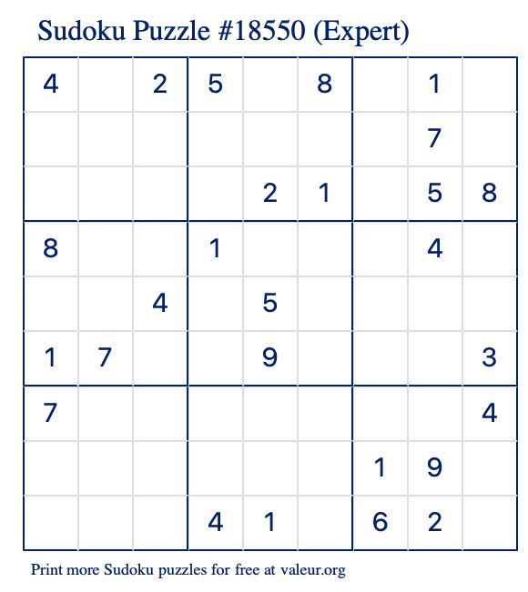 Free Printable Expert Sudoku Puzzle number 18550