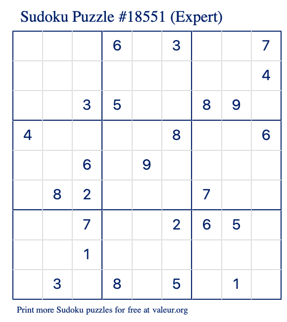 Free Printable Expert Sudoku Puzzle number 18551