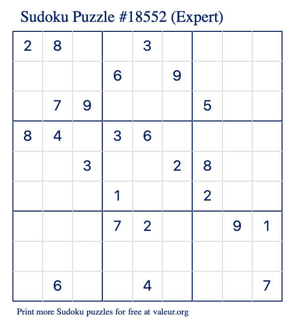 Free Printable Expert Sudoku Puzzle number 18552