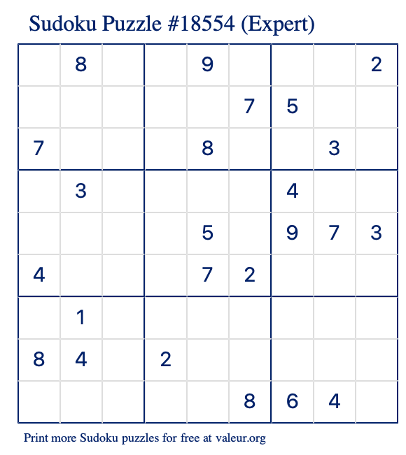 Free Printable Expert Sudoku Puzzle number 18554