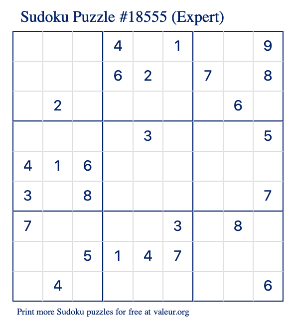 Free Printable Expert Sudoku Puzzle number 18555